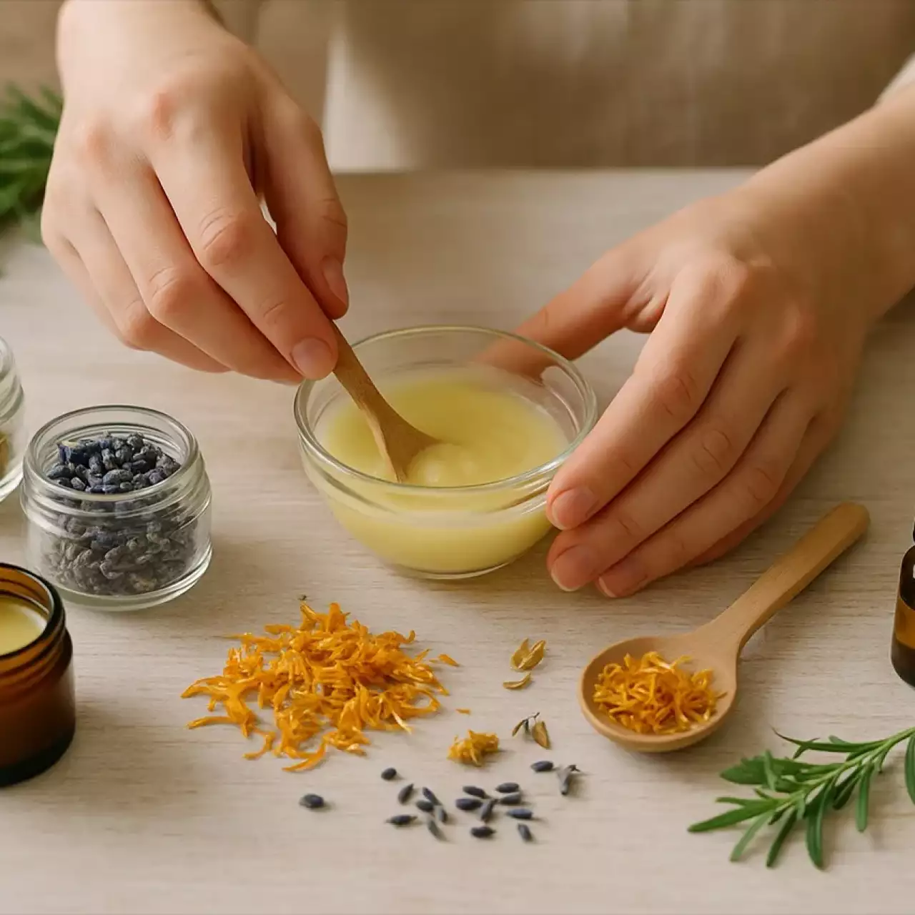 Das Bild zeigt Kräuter und die Herstellung von Naturkosmetik